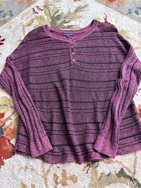 American Eagle Outfitters Pink and Black Striped Henley Medium